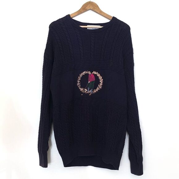Vintage Pringle of Scotland Golf Scene Embroidery Blue Cable Knit Sweater Large - Picture 1 of 8